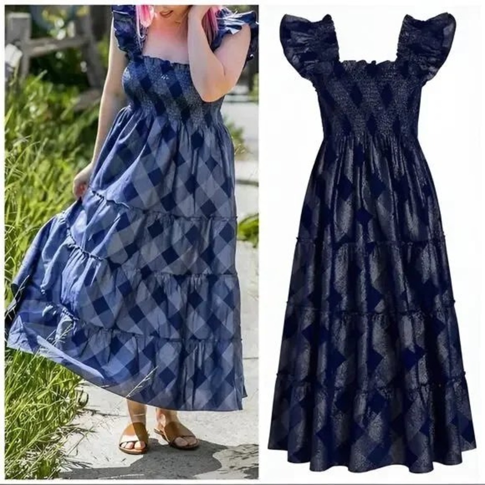 Hill House Home Ellie Nap Dress Navy Blue Silver Metallic Plaid Smocked Midi L - Picture 2 of 6